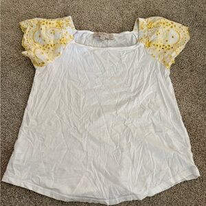 LOFT White Tee with Yellow Embroidered Flutter Sleeves